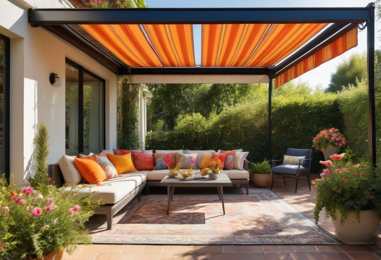 A cozy outdoor patio scene featuring a stylish retractable awning in vibrant colors, providing shade over a comfortable seating area adorned with decorative cushions. The background showcases a beautiful garden, with samples of various outdoor fabrics displayed elegantly on a table, showcasing their textures and patterns. The sunlight filters through the awning, casting playful shadows on the ground, creating an inviting atmosphere. bright and colorful. super-realistic. vibrant colors.