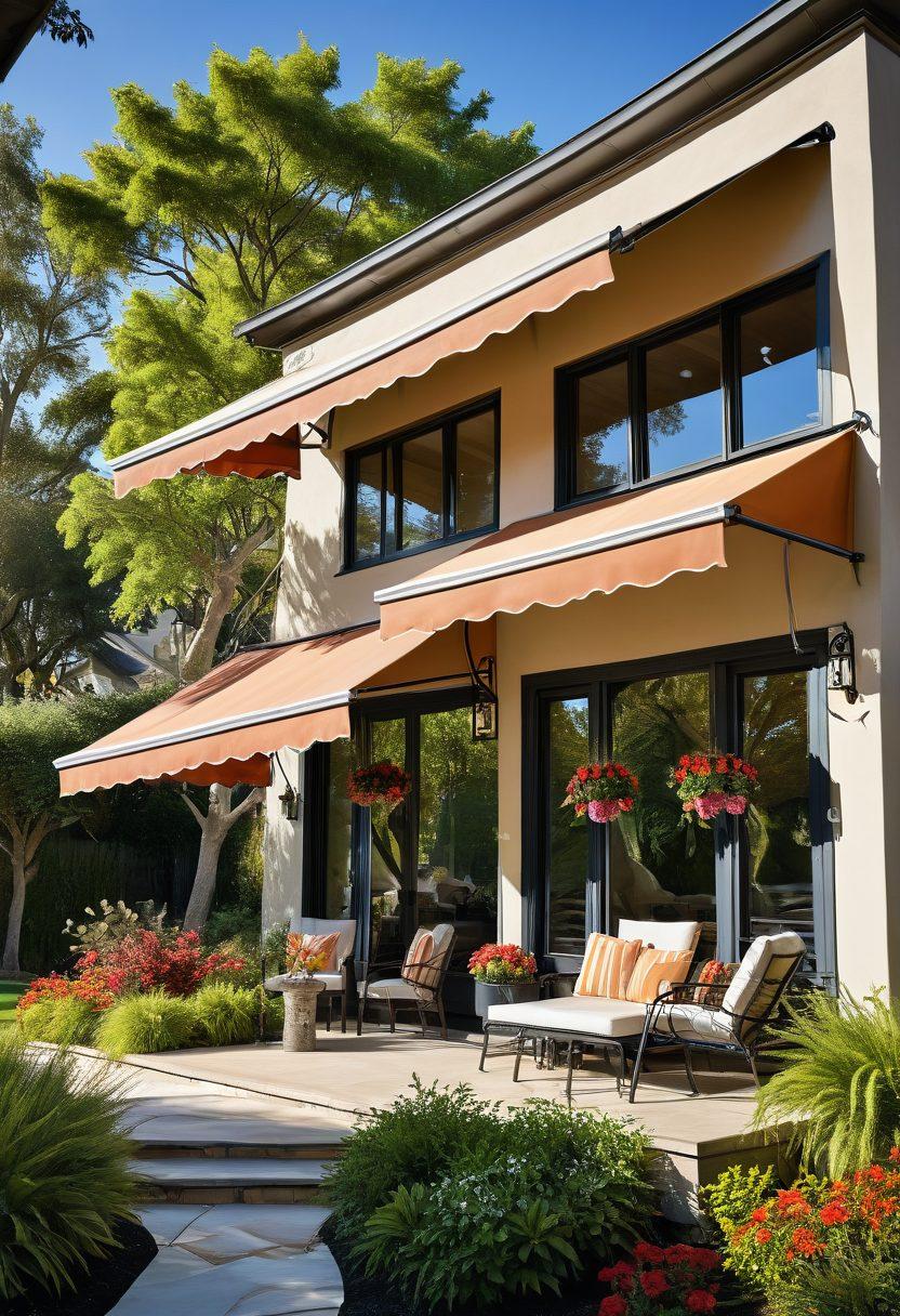 A beautifully designed home exterior showcasing various custom awnings in vibrant colors, elegantly draping over windows and patio areas. Include stylish shade structures made from chic materials, surrounded by lush greenery and blooming flowers, all under a bright sunny sky. The inviting atmosphere highlights the transformation of the space into a cozy retreat. super-realistic. vibrant colors. cheerful ambiance.