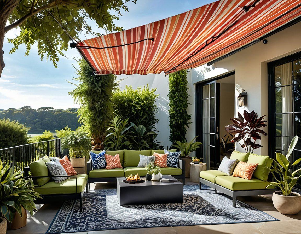 A beautifully designed outdoor space showcasing a variety of retractable awnings in different colors and styles, alongside a selection of decorative fabrics draped elegantly. Include a bright sun shining down, casting playful shadows, and plants for a vibrant ambiance. The setting should invoke a sense of comfort and style, illustrating choices for both functionality and aesthetics. super-realistic. vibrant colors. outdoor setting.